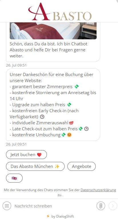 Ausschnitt aus dem Chatbot des Hotels